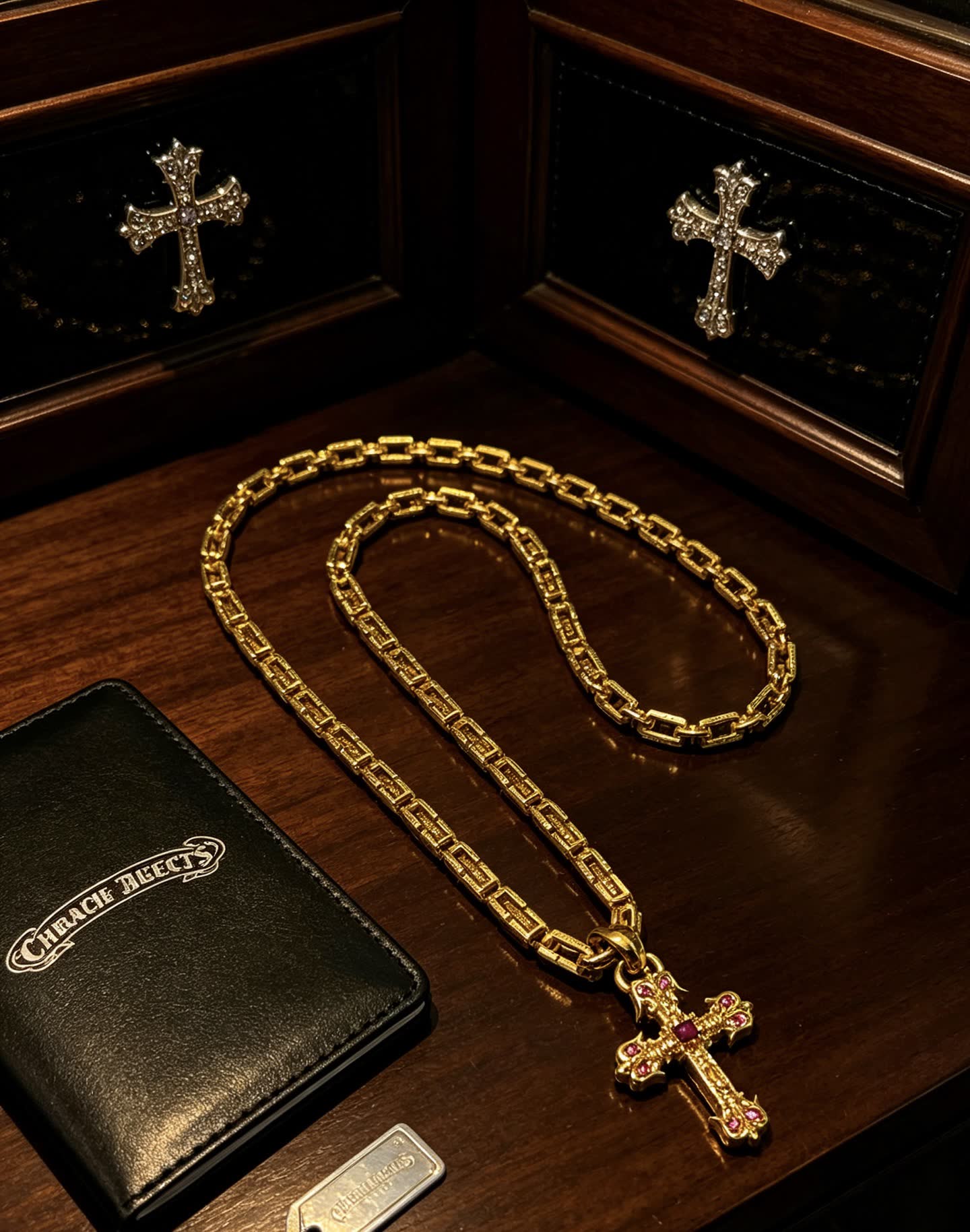 Chrome Hearts Gold Plated Cross Pendant with Ruby Stones